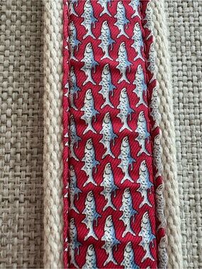 Vineyard Vines Canvas Belt Size 40 Red Fish Leather Trim Brass Buckle
